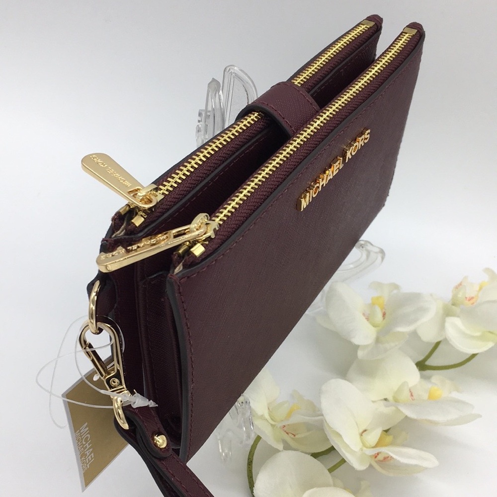 Jet Set Travel LG Double Zip Wristlet Wallet Phone Case Leather Dark Cherry NWT - Picture 2 of 16